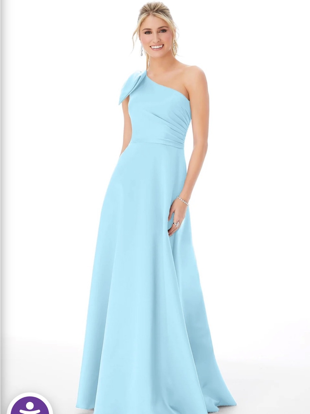 One-Shoulder Light Blue Formal Gown with Draped Bow Detail